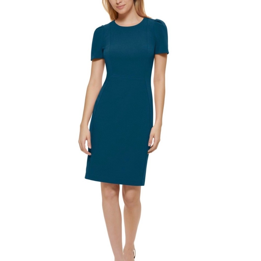 Calvin Klein Womens Teal Blue Short Puff Sleeve Sheath Dress CD5C19JL Size 6
